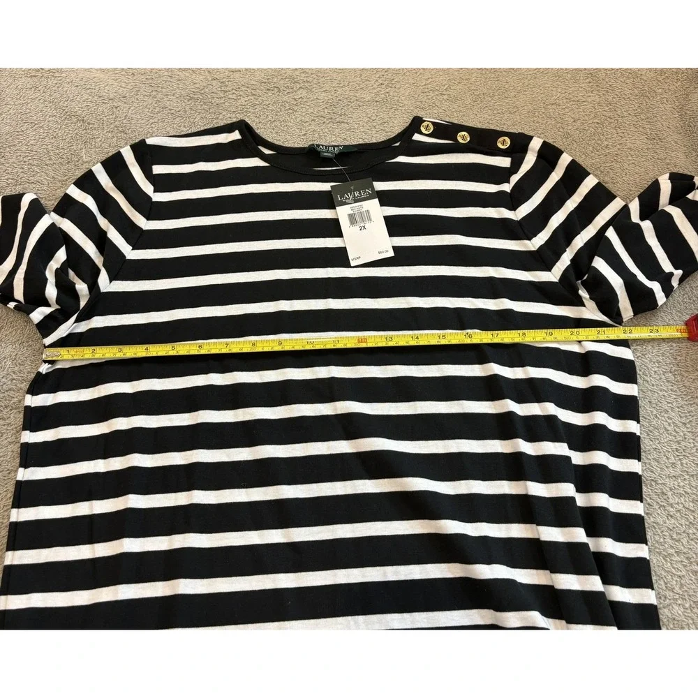 NWT Lauren Ralph Lauren Black White Striped Gold Button Shoulder Top 2X Nautical - Picture 4 of 10